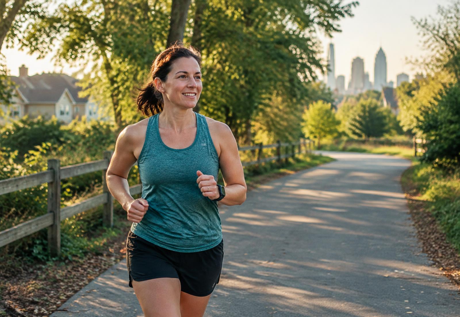 Adult jogging comfortably on a tree-lined path near Chamblee